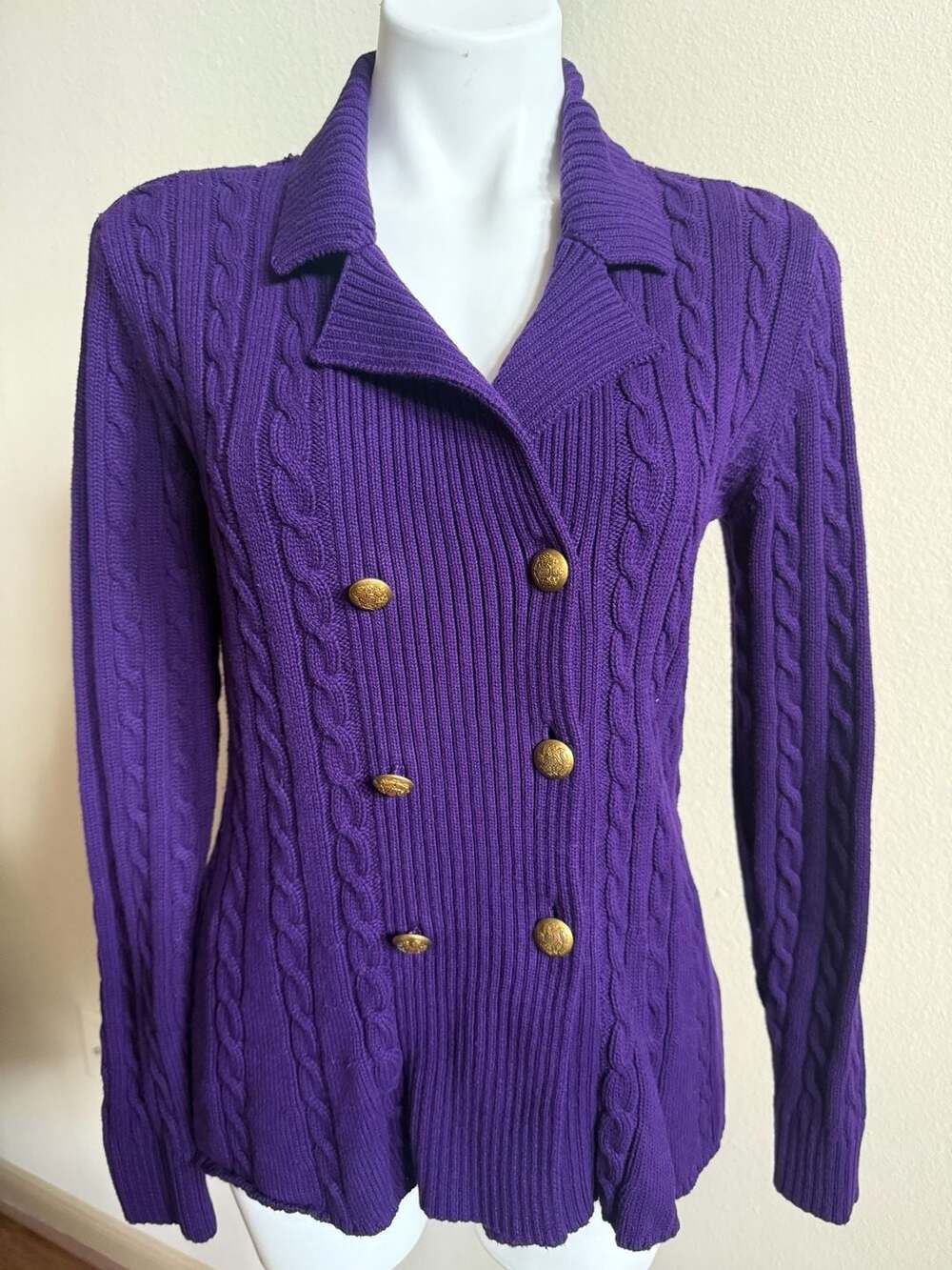 Lauren Ralph Lauren Purple Cable Knit Double Breasted Cardigan Sweater Size M